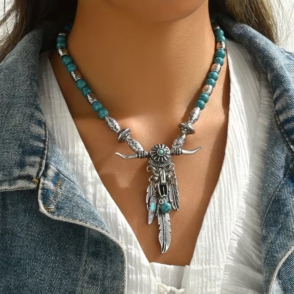 Turquoise Bead Silver Longhorn Pendant Western Necklace - Fashion Jewelry